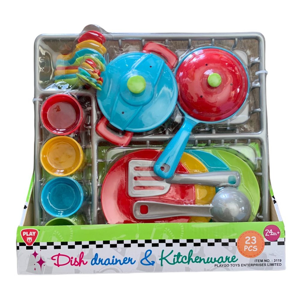 Dish Drainer and Kitchenware Playset Toddler 23 Pieces Age 2+ Pots Pans Dishes